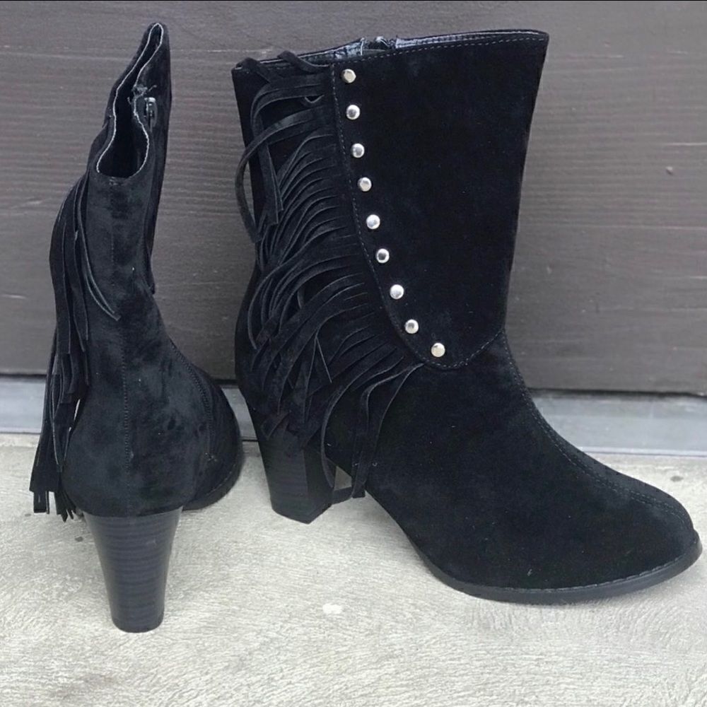 Alba Serena-2 Black Faux Micro Suede Fringed Mid Calf Boots Size 7.5